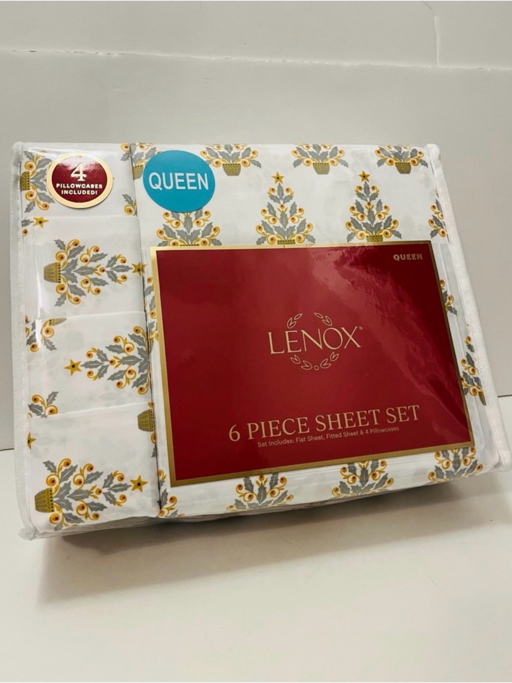 Lenox Queen Size 6 Piece Sheet Set Christmas Trees White Yellow Gray Green Red